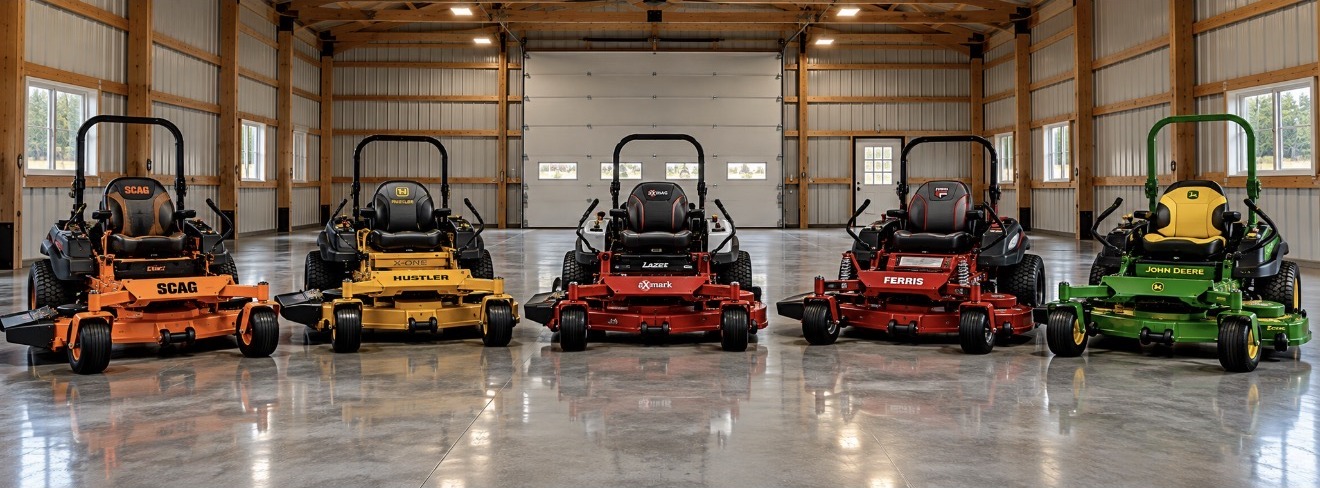 Zero-turn lawnmowers inside an equipment shop