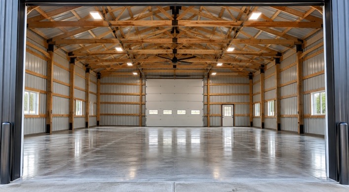 Open equipment workshop with overhead doors and work bays